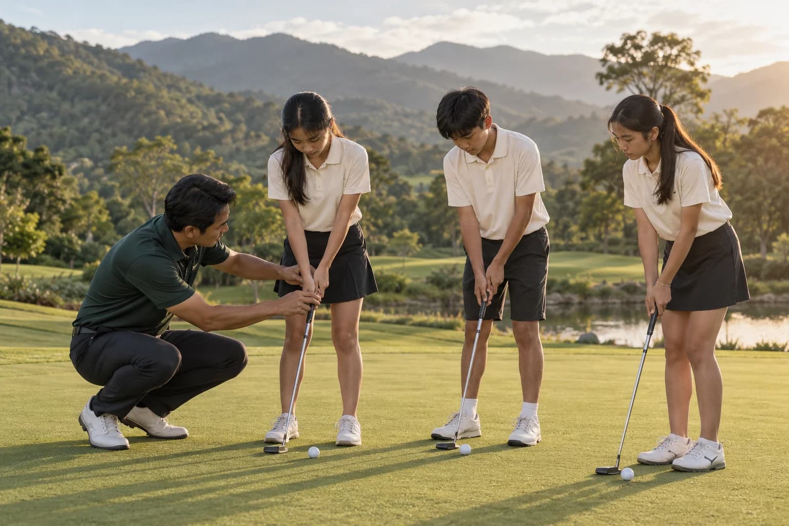 Illustrative mockup of young golfers learning with a coach